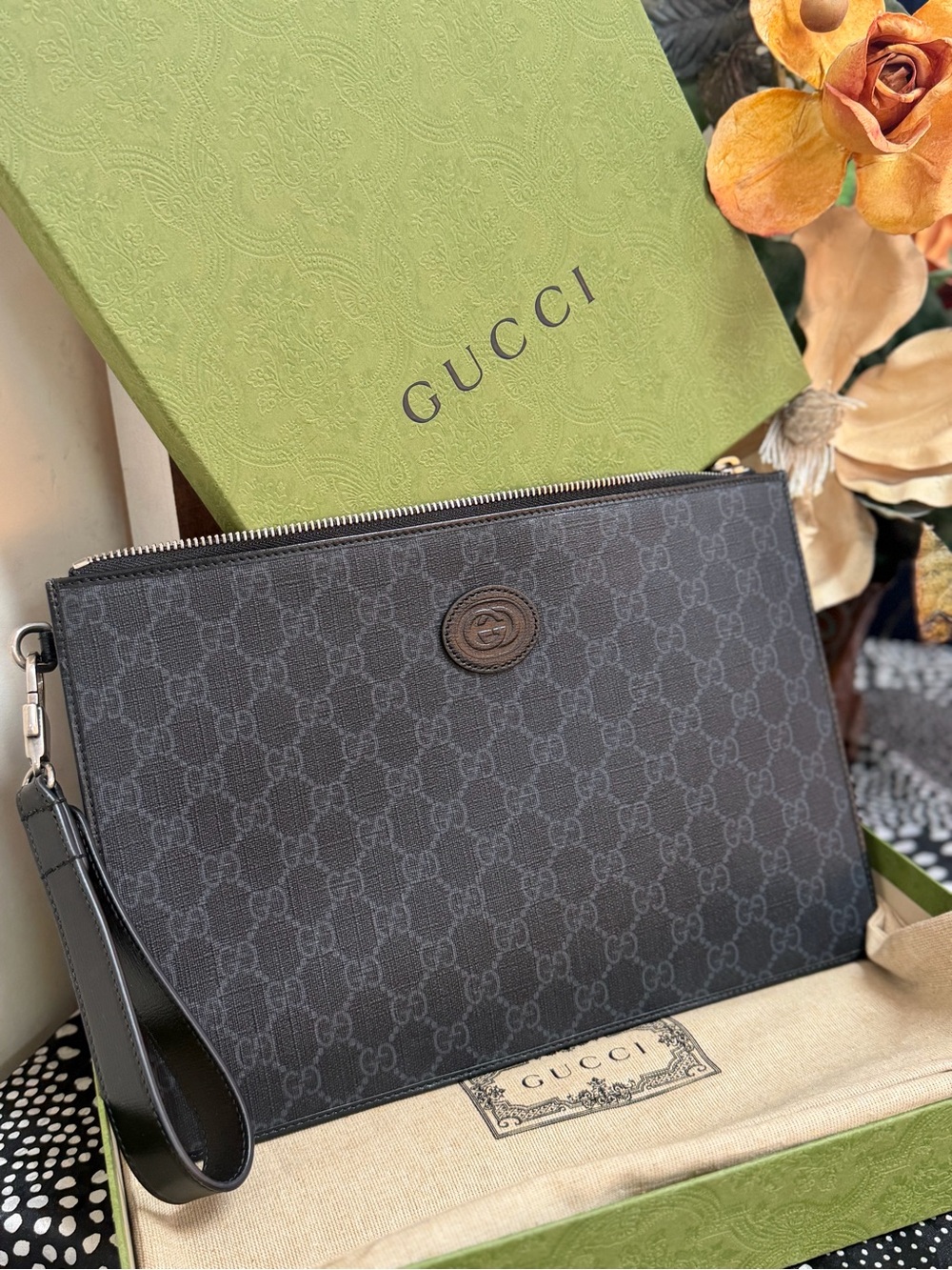 Gucci Black GG Supreme Canvas Wristlet Pouch with Leather Wrist Strap